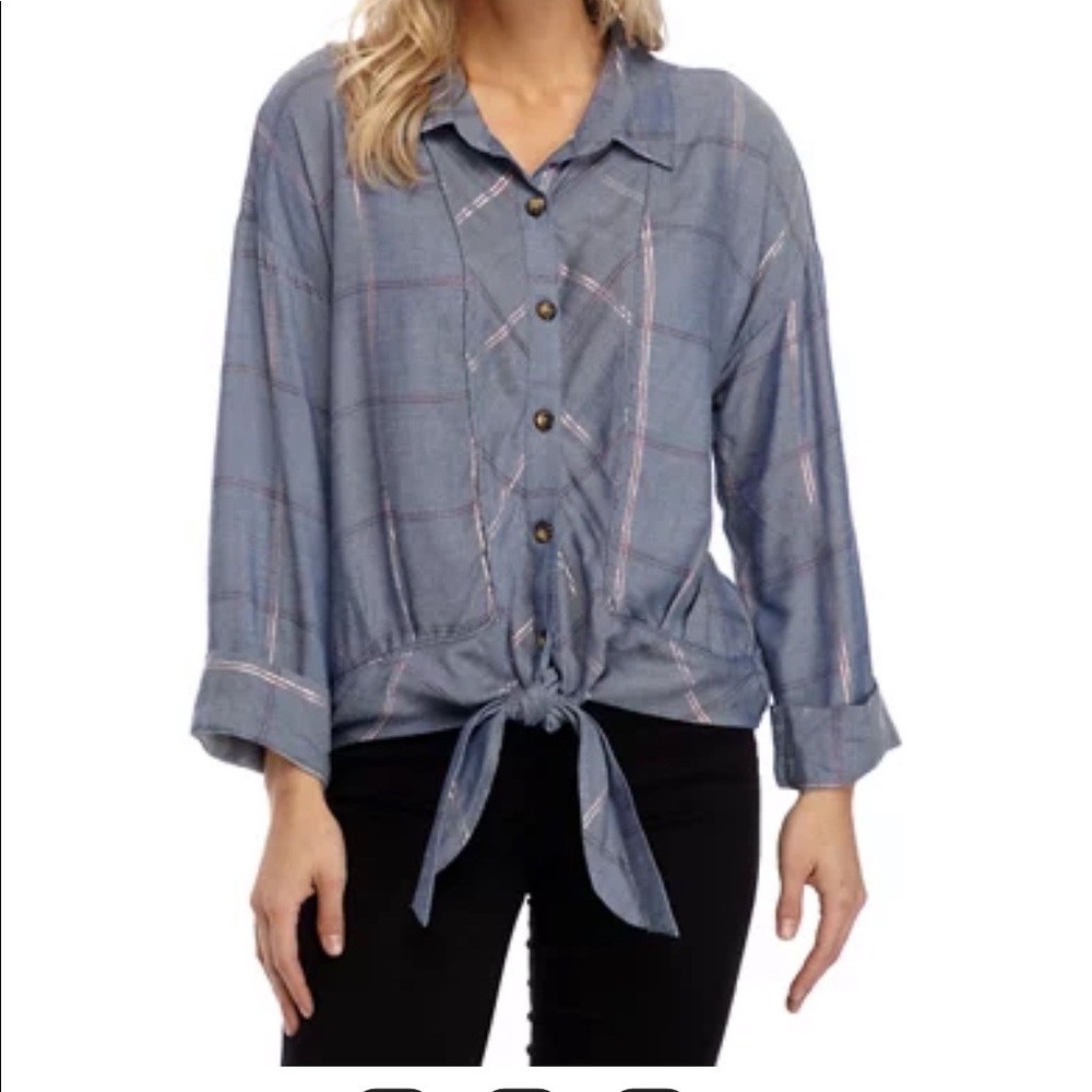 Denim tie front plaid. 3/4 sleeve. Shimmer